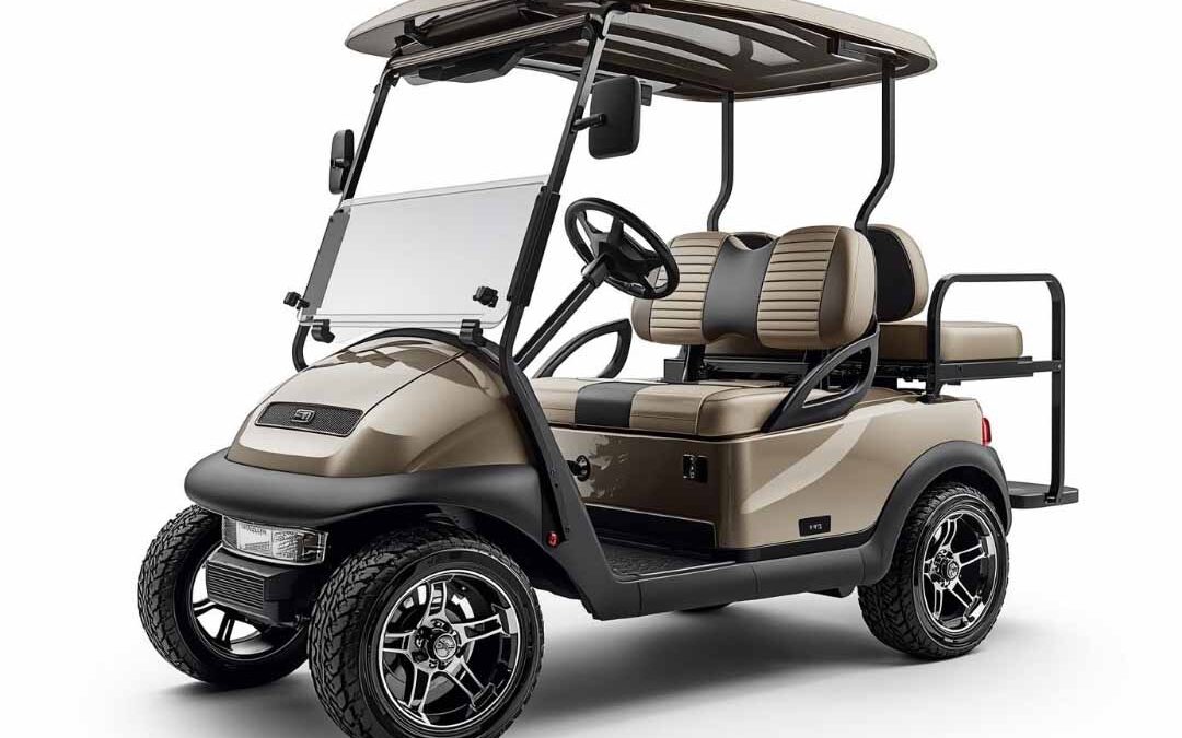 Tan and black golf cart with a sleek design, featuring a clear windshield, sporty wheels, and four seats